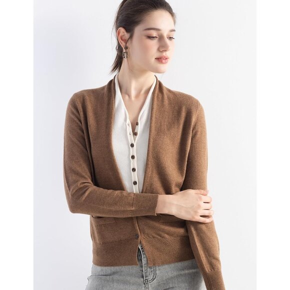 Women's Merino Wool Sweater Fake Two-Piece Cardigan Fall Winter V-Neck - Picture 5 of 6